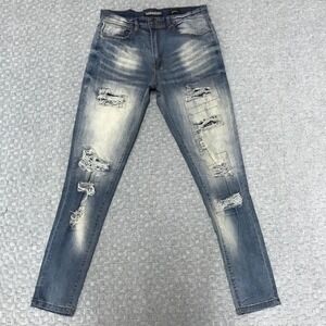 TR Premium Jeans Mens 32x32 Blue Skinny Distressed Ripped Stretch Faded Denim
